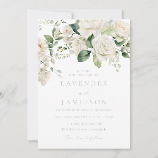 White Roses & Sage Leaf Wedding Einladung (Vorderseite)