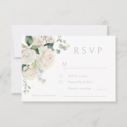 White Roses & Sage Leaf Wedding RSVP Karte (Vorderseite)