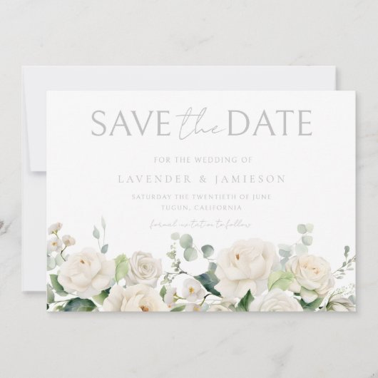 White Roses & Sage Leaf Wedding Save The Date (Vorderseite)
