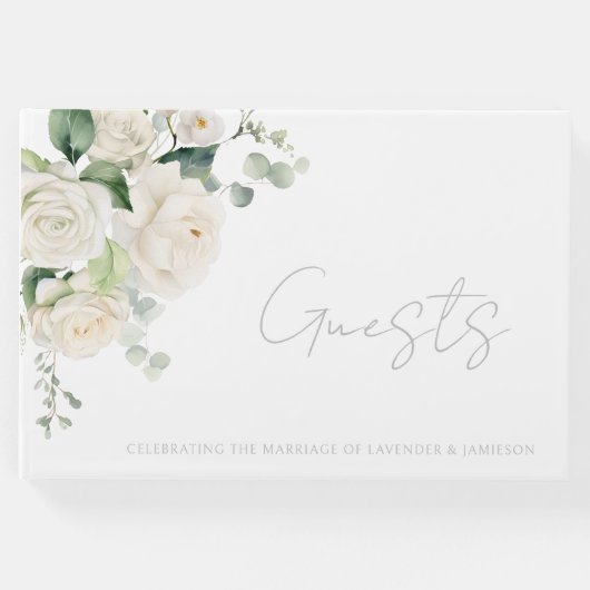 White Roses & Sage Leaf Wedding Stationary Gästebuch (Vorderseite)
