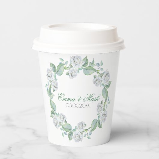 White Roses - Save the Date Paper Cup Pappbecher (Vorderseite)