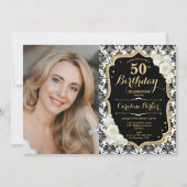 White Roses Schwarz-weiß Damask Foto 50. Geburtsta Einladung (Vorderseite)