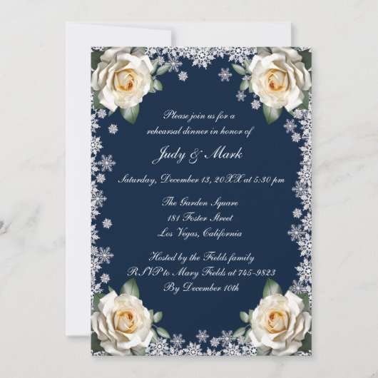 White Roses Snowflake Weihnachts-Probe Abendessen Einladung (Vorderseite)