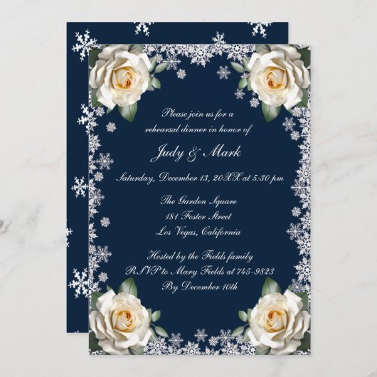 White Roses Snowflake Weihnachts-Probe Abendessen Einladung (Vorne/Hinten)