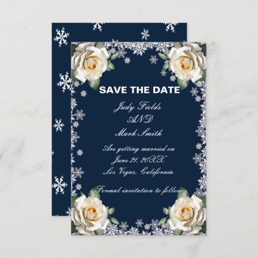 White Roses Snowflakes Weihnachten Save the Date (Vorne/Hinten)