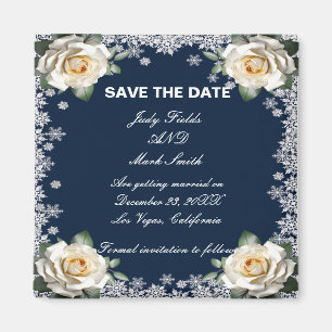 White Roses Snowflakes Weihnachten Save the Date Magnet