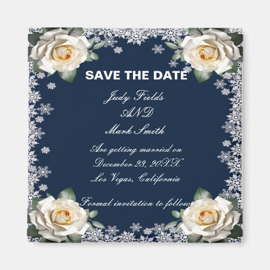 White Roses Snowflakes Weihnachten Save the Date Magnet (Vorne)
