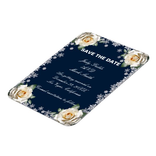 White Roses Snowflakes Weihnachten Save the Date Magnet (Linke Seite)