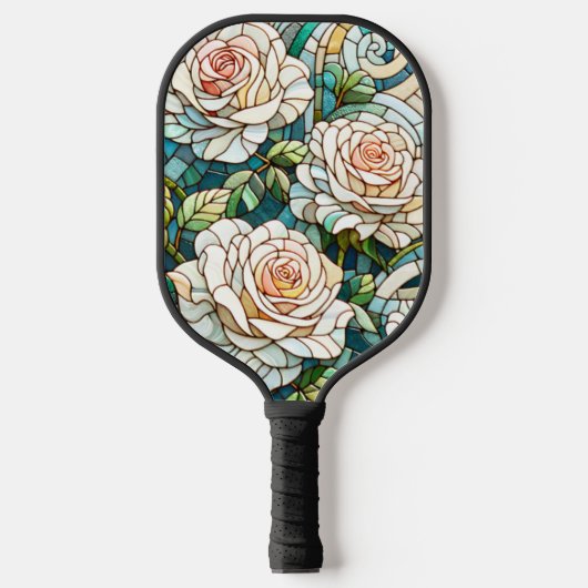 White Roses Stained Glass Mosaic Pickleball Schläger (Vorderseite)