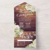 White Roses String Lights Rustic Wood Wedding RSVP All In One Einladung (Innen Boden)