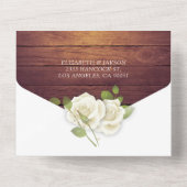 White Roses String Lights Rustic Wood Wedding RSVP All In One Einladung (Rückseite)