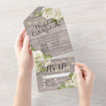 White Roses String Lights Rustic Wood Wedding RSVP