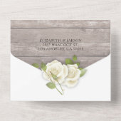 White Roses String Lights Rustic Wood Wedding RSVP All In One Einladung (Rückseite)