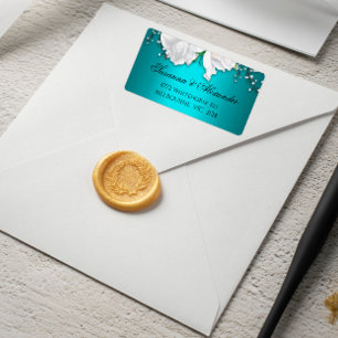 White Roses und Aqua Hochzeit Adressaufkleber