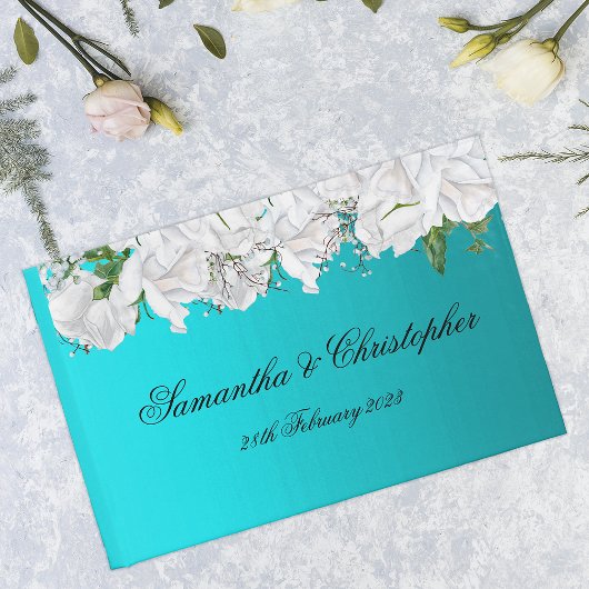 White Roses und Bright Aqua Wedding Gästebuch
