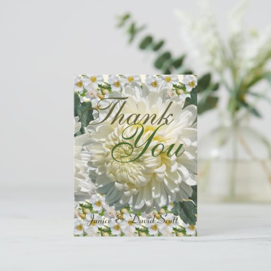 White Roses und Chrysanthemum Wedding Vielen Dank Postkarte (Stehend Vorderseite)