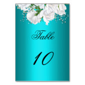 White Roses und Elegante Aqua Wedding Tischnummer (Vorderseite)