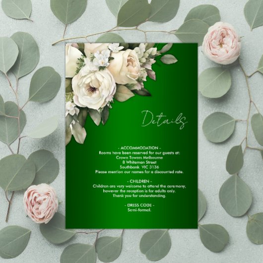 White Roses und Emerald Green Boho Hochzeitdetails Begleitkarte