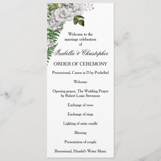 White Roses und Ferns Wedding Programm (Vorderseite)