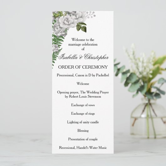 White Roses und Ferns Wedding Programm (Stehend Vorderseite)