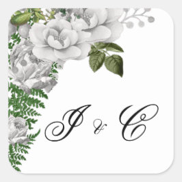 White Roses und Ferns Wedding Quadratischer Aufkleber