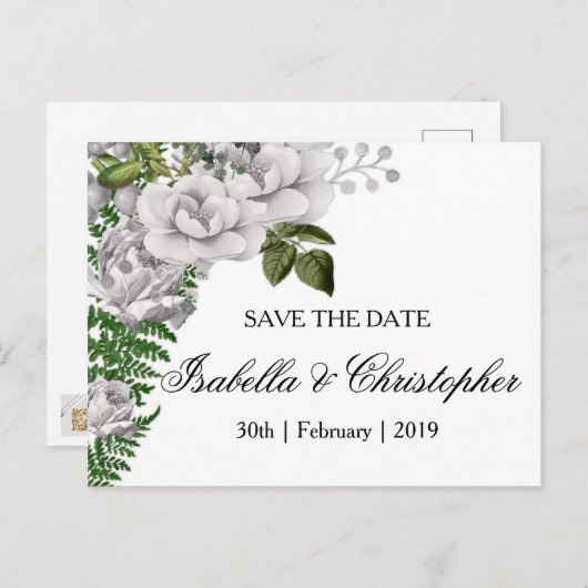 White Roses und Ferns Wedding speichern das Datum Ankündigungspostkarte (Vorne/Hinten)