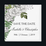White Roses und Ferns Wedding speichern das Datum Magnet<br><div class="desc">Der Dattelmagnet zeichnet sich durch eine hübsche Rose aus, die in der links Ecke mit Farnen- und Weißrosen geschmückt ist und von grünen Rose und kleineren Blumenelementen kontrastiert wird. Die Details können bei Bedarf leicht personalisiert werden. Dieses hübsch speichern Sie den Datums-Magneten ist Teil einer größeren Hochzeitsstitelsammlung, die Sie hier...</div>