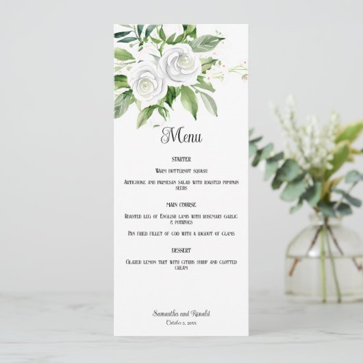 White Roses und Gipskraut Wedding Menu Card Einladung (Stehend Vorderseite)