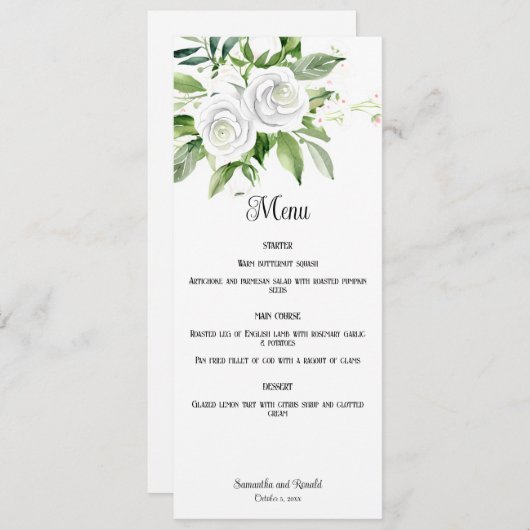 White Roses und Gipskraut Wedding Menu Card Einladung (Vorne/Hinten)