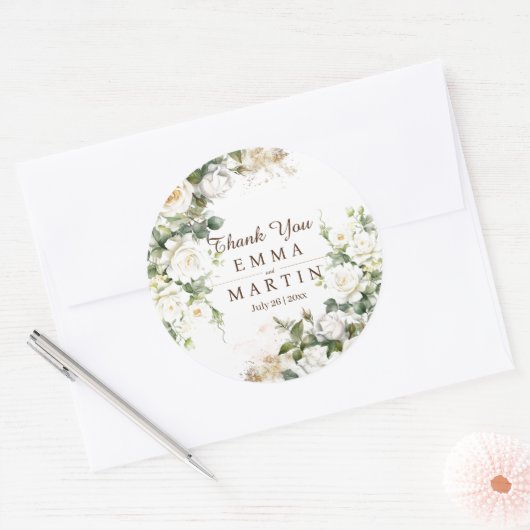 White Roses Wedding Elegante Blume Vielen Dank Runder Aufkleber (Umschlag)