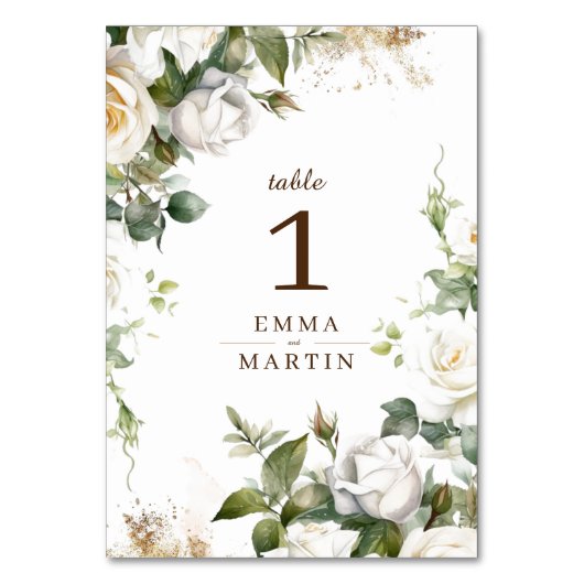 White Roses Wedding Elegante Flora Tischnummer (Vorderseite)