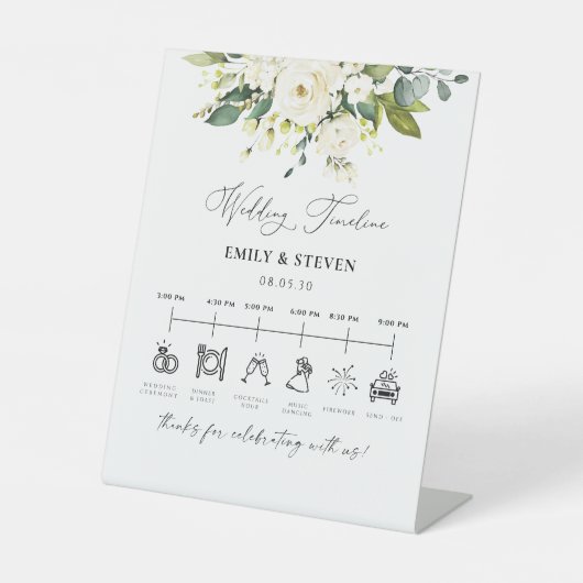 White Roses Wedding Timeline Sign Sockelschild (Vorderseite)