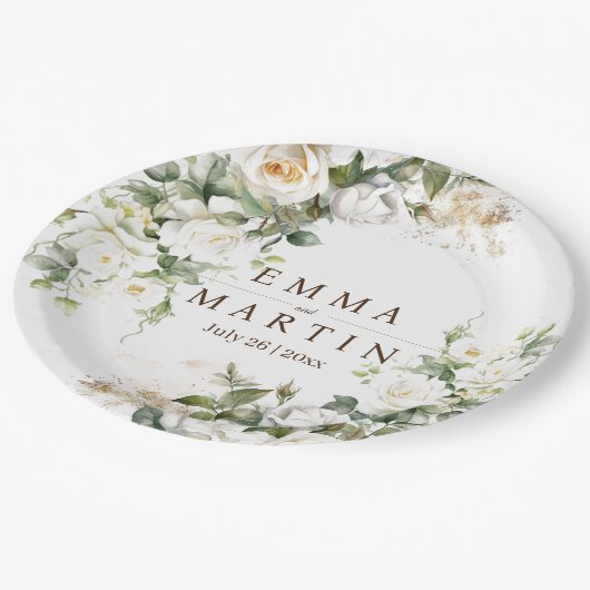 White Roses Wedwers Pappteller (Schrägansicht)