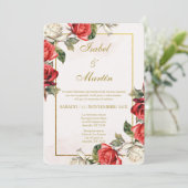 White & Rote Rose Elegante Hochzeit Spanisch Einladung (Stehend Vorderseite)