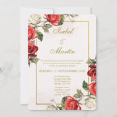 White & Rote Rose Elegante Hochzeit Spanisch Einladung (Vorderseite)