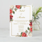 White & Rote Rose Elegante Hochzeit Spanisch Einladung (Stehend Vorderseite)