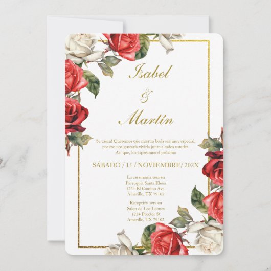 White & Rote Rose Elegante Hochzeit Spanisch Einladung (Vorderseite)