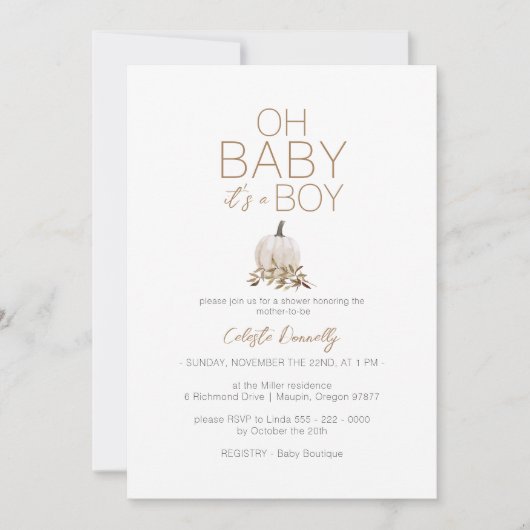 White Rustic Boho Pumpkin Oh Baby Boy Dusche Einladung (Vorderseite)