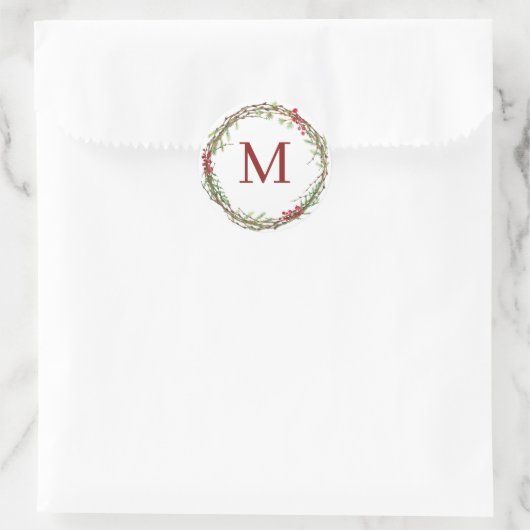 White Rustic Christmas Wreath Monogram Runder Aufkleber (Tasche)