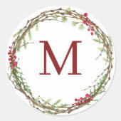 White Rustic Christmas Wreath Monogram Runder Aufkleber (Vorderseite)
