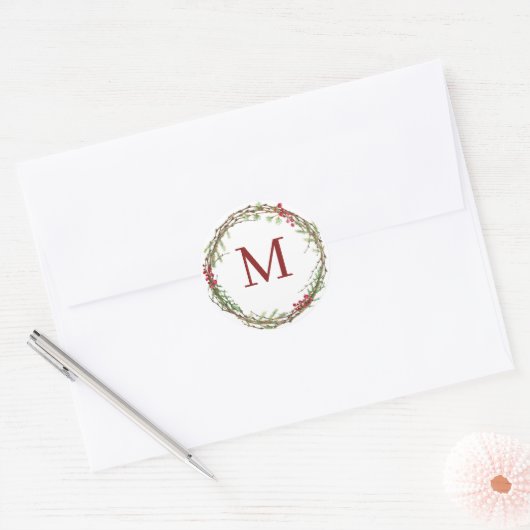 White Rustic Christmas Wreath Monogram Runder Aufkleber (Umschlag)
