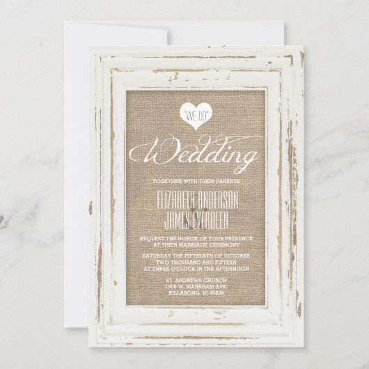 White Rustic Frame Burlap Einladung Hochzeit (Vorderseite)