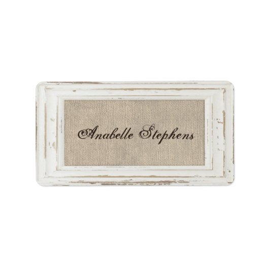 White Rustic Frame & Burlap Name Tag Adressaufkleber (Vorne)