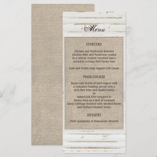 White Rustic Frame Burlap Wedding Menü Menükarte (Vorne/Hinten)