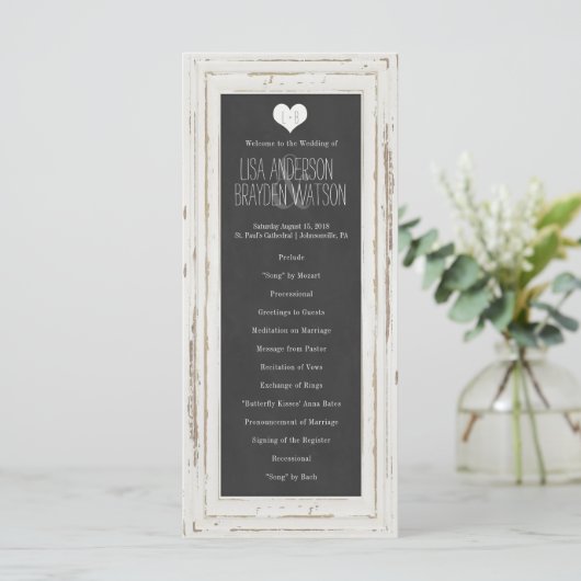 White Rustic Frame Chalk Hochzeitsprogramm Programm (Stehend Vorderseite)