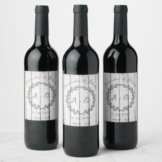 White Rustic Monogram Wedding Wine Label Weinetikett (Flaschen)