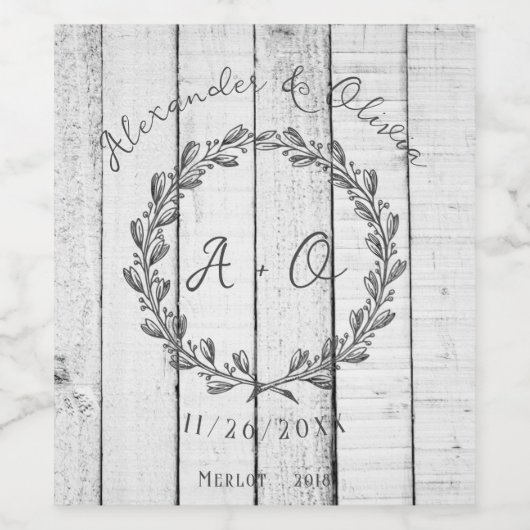 White Rustic Monogram Wedding Wine Label Weinetikett (Einzelnes Label)