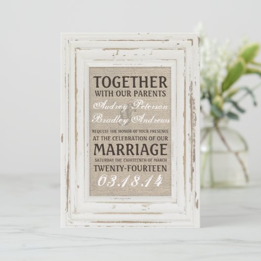 White Rustic Rahmen & Burlap Wedding Einladung (Stehend Vorderseite)