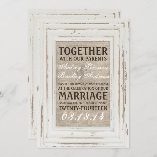 White Rustic Rahmen & Burlap Wedding Einladung (Vorne/Hinten)