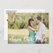 White Rustic Script Foto Rettete Unser Date Postca Ankündigungspostkarte (Vorne/Hinten)